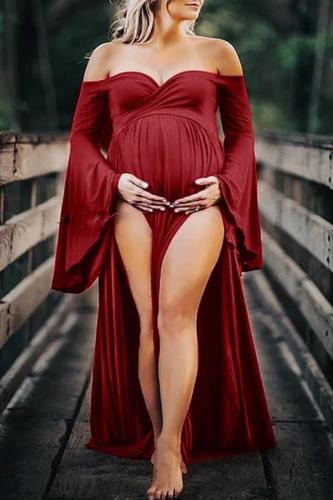 Maternity Sexy Solid Color Off Shoulder Tuff Sleeve  Photoshoot Gowns Dress