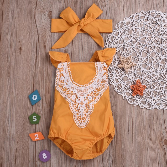 Childrenswear Lace Romper + Bow Headscarf a-Piece Suit