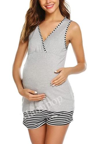Women Maternity Pajamas Set Sleep Suit  Vest Tops+Stripe Shorts Sets