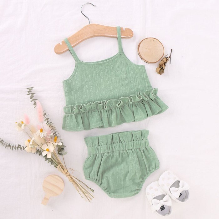 Cute Green Summer  Infant Girls Solid Sleeveless Ruffles Camisole Shorts Clothes