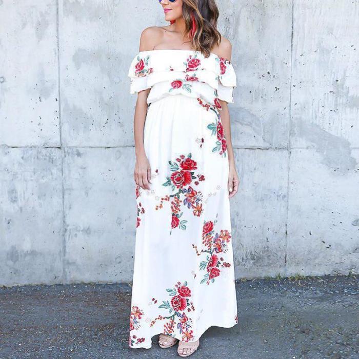 Maternity Sexy Floral Printed Off Shoulder Dress