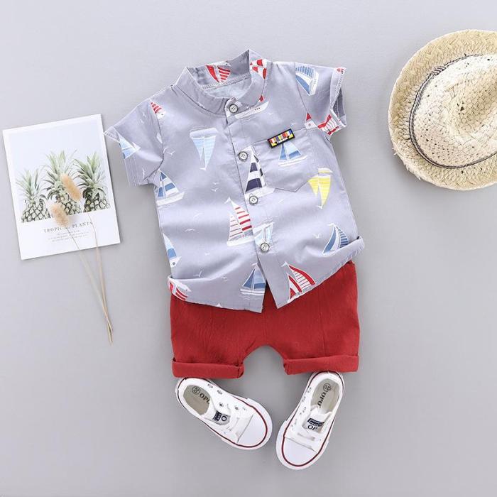 Boy's new summer stand collar sailboat short sleeve shirt solid color shorts two piece set