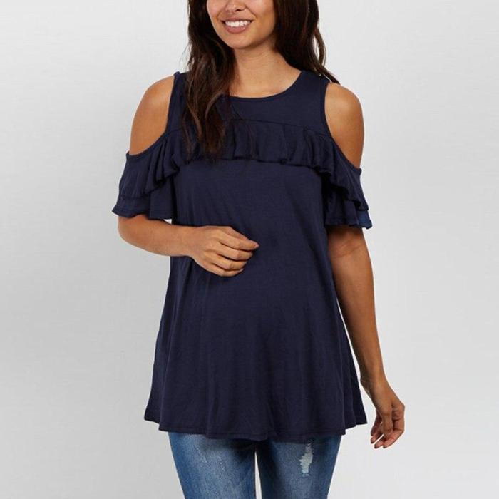 Off-the-Shoulder T-Shirt  Short Sleeve Ruffles Casual Loose Cotton Maternity Tops