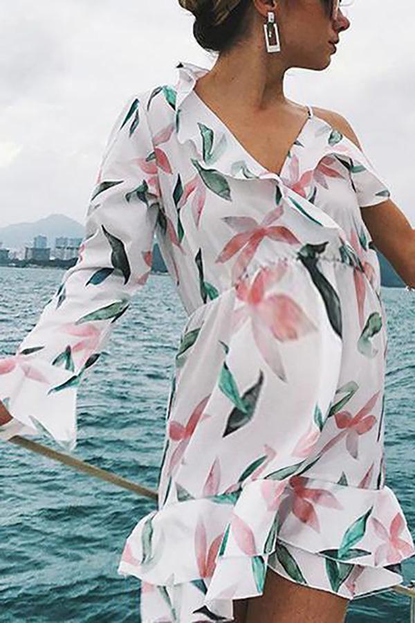 Casual Maternity Beach Ruffled Irregular Print Dress