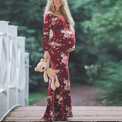 Maternity Fashion Floral Printed V Neck Off Shoulder Long Sleeve Dress