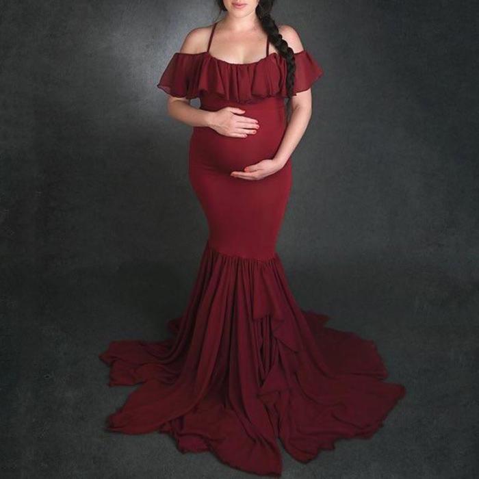Maternity Blue Off Shoulder Floor-Length  Photoshoot Gowns  Dress