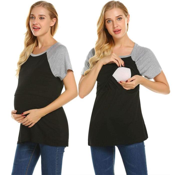 Color Matching Pregnant Women's Short Sleeve Top Round Neck Nursing Clothes