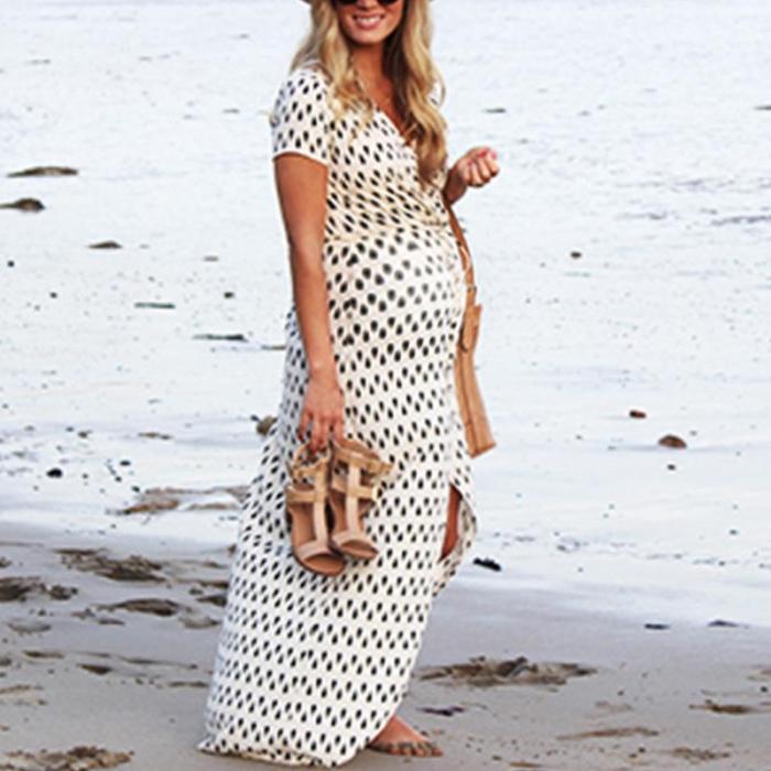 Maternity V-Neck Geometric Pattern Maxi Dress