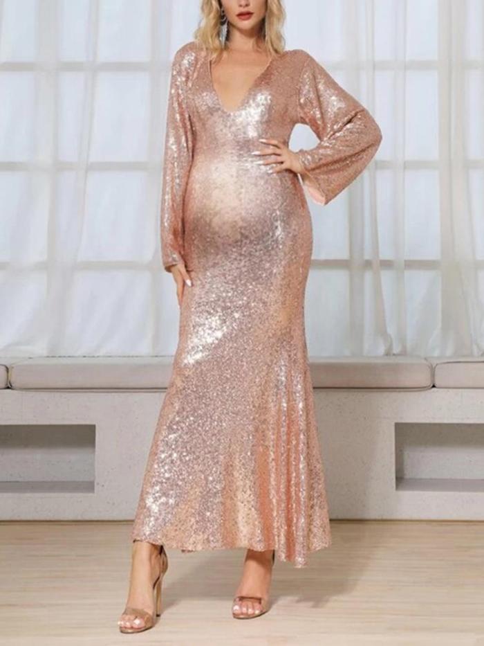 Maternity Fashion Long Sleeve V-Neck Bare Back Paillette Dress