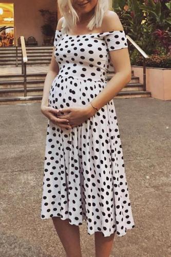 Maternity Off Shoulder Polka Dots Dress