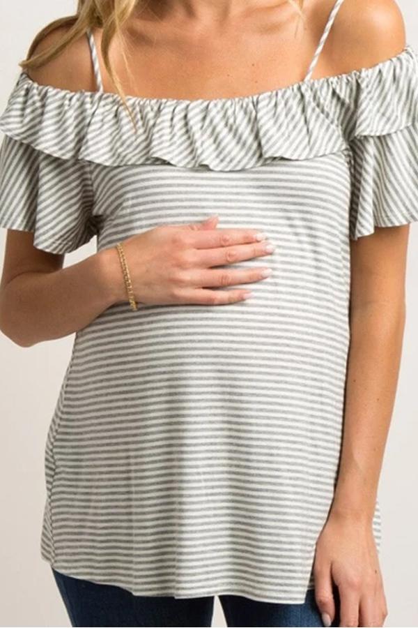 Casual Pregnant Striped Ruffle Sleeve T-Shirt Maternity Tops