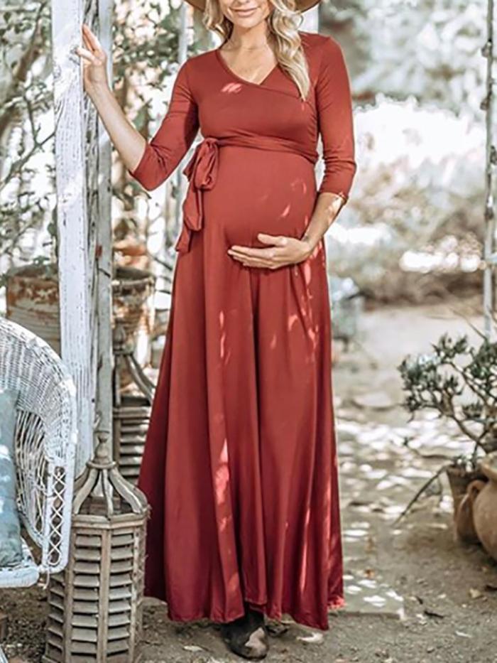 Maternity V-neck Solid Color Ankle-length Dress