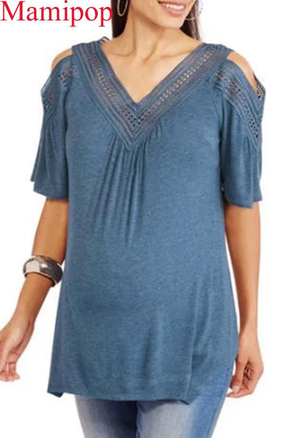 Casual Loose Off Shoulder Solid Short Sleeve Lace  Tops