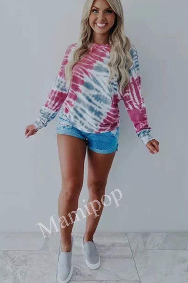 Women's New Rose Blue Tinted Printed Long-sleeved Top