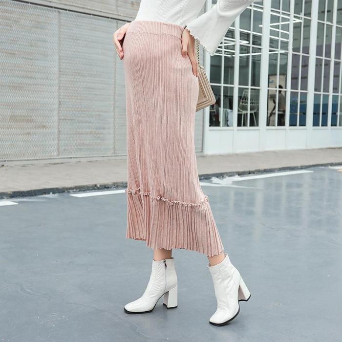 Maternity casual solid color stomach lift pleated knit skirt