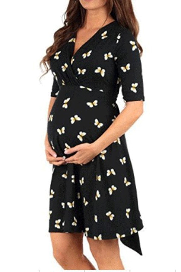 Maternity Floral Print V-Neck Dress
