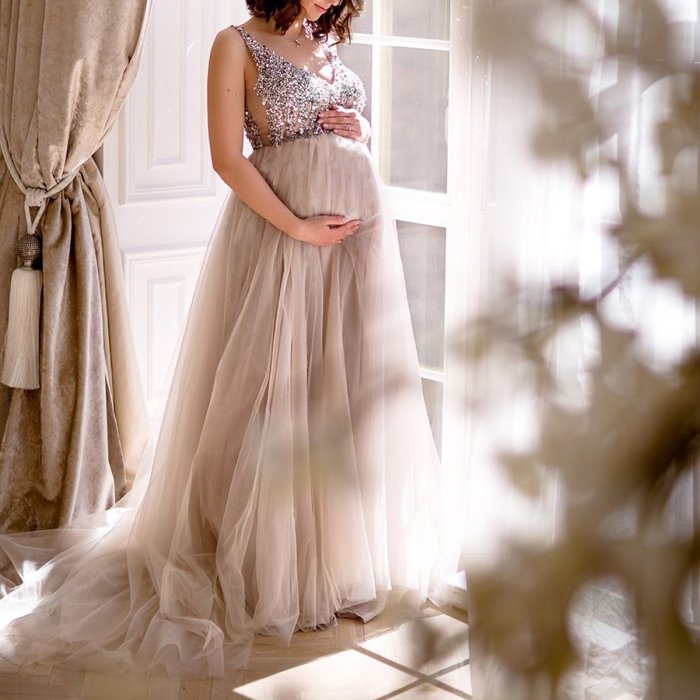 Maternity V-Neck Maxi Tulle Gown With Tonal Delicate Sequins