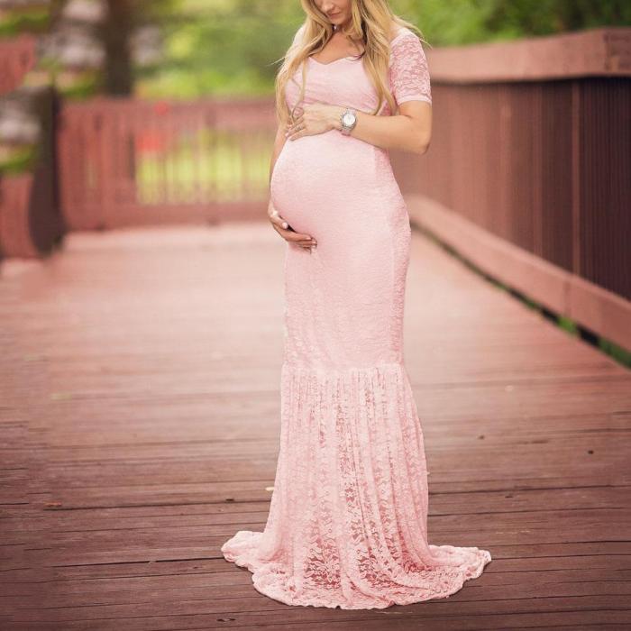 Maternity Lace Patchwork V-Neck  Photoshoot Gowns  Dress