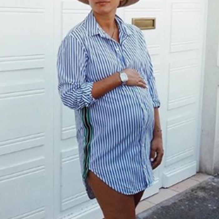 Maternity Stand Collar Stripe Long Sleeve Dress