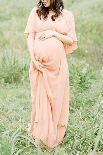 Maternity Elegant Overlapping V-neck Flared Sleeves Long Dress