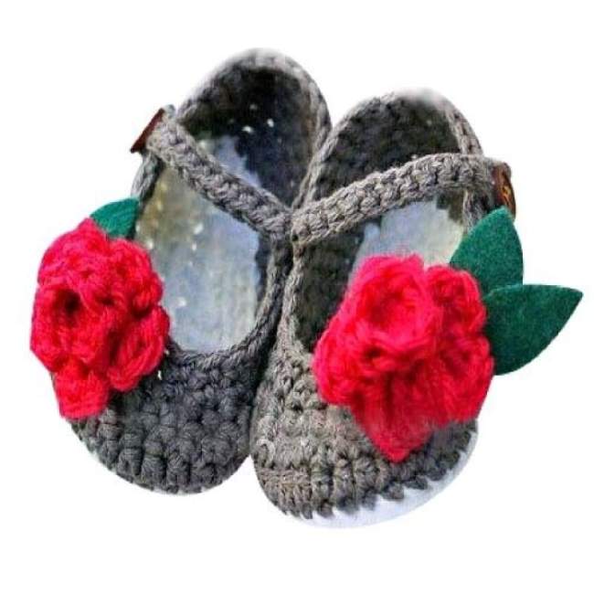 Handmade Crocheted Mary Jane Red Flower Baby Shoes