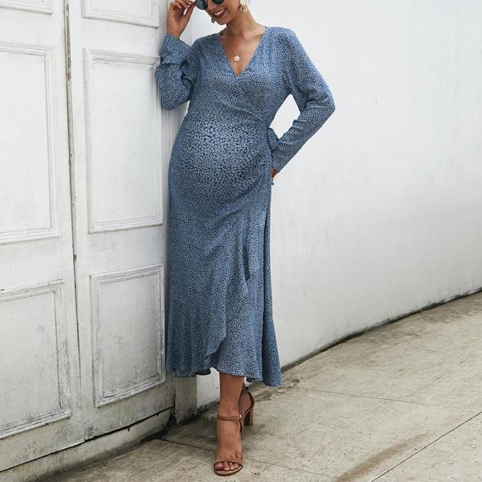 Maternity Sexy V-Collar Printed Irregular Dress
