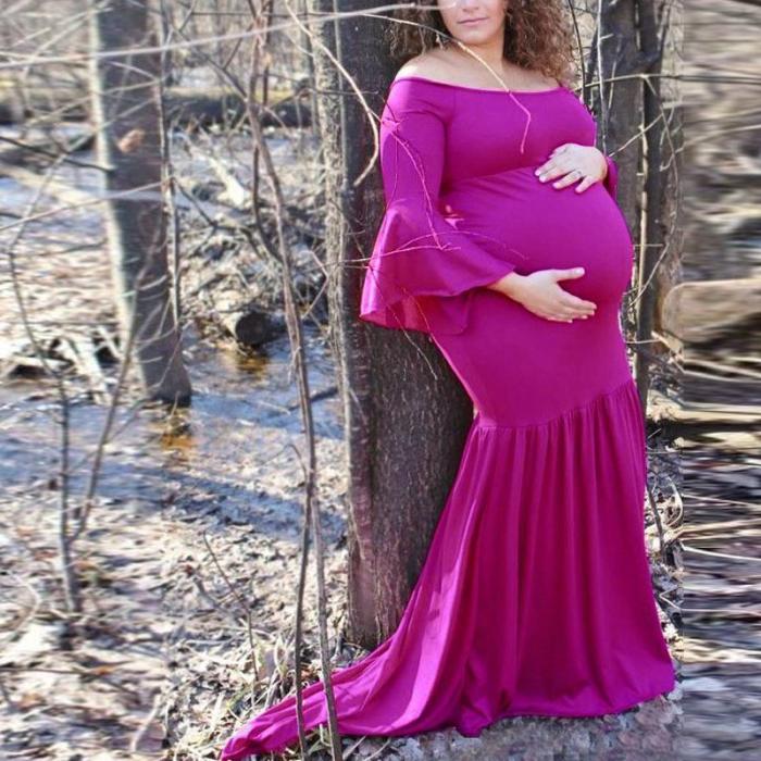 Maternity Off Shoulder Flounced Sleeve Trailing   Photoshoot Gowns Dress