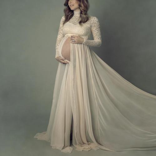 Maternity Elegant High Collar Lace Long Sleeve Dress