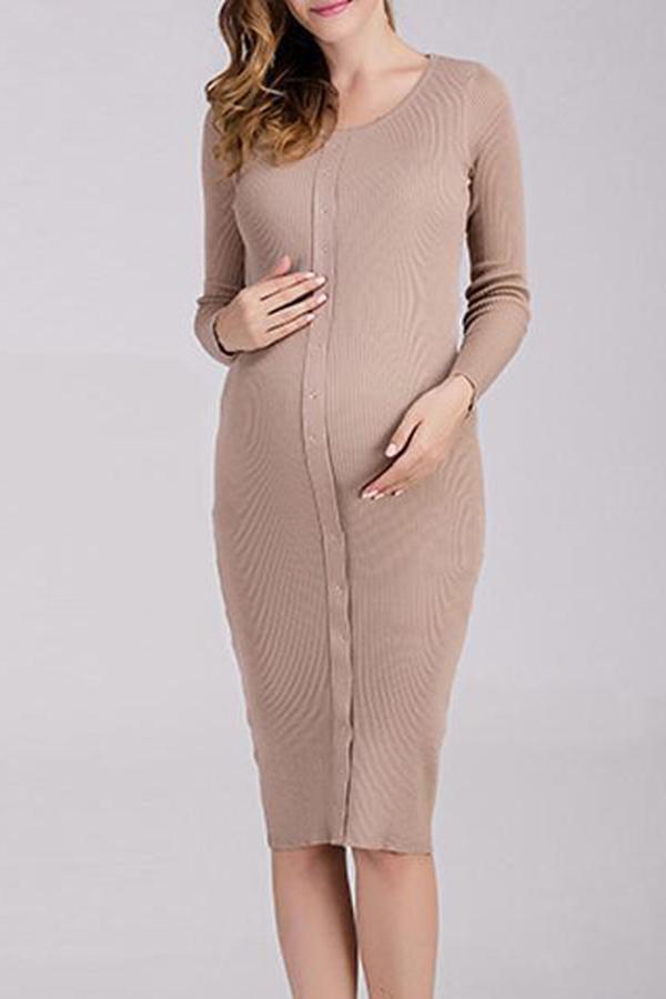 Round Neck Long Sleeve Mid-Length Knit Maternity Dress