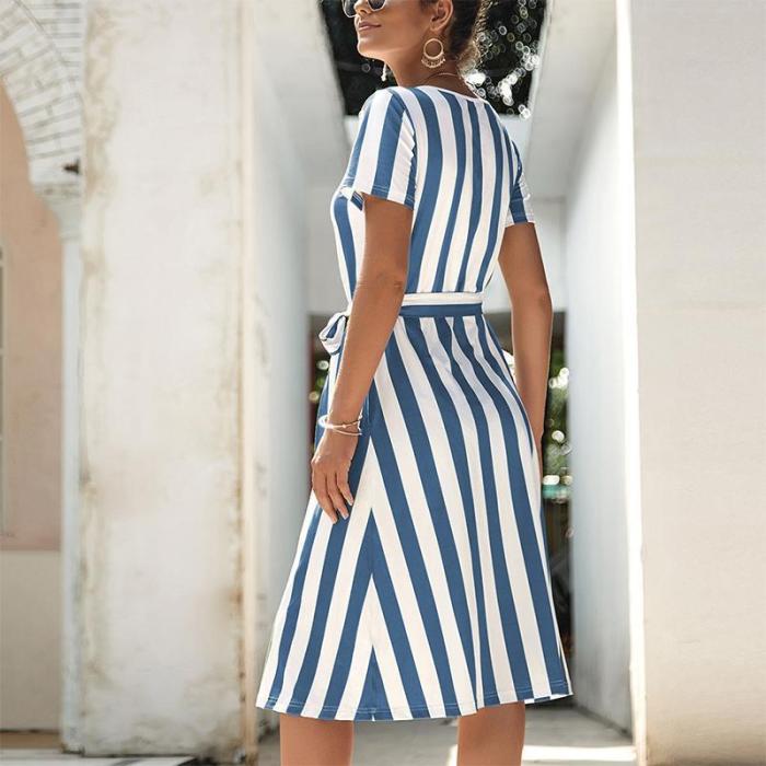 Maternity Casual Short Sleeve Pure Color Striped Belted Dress