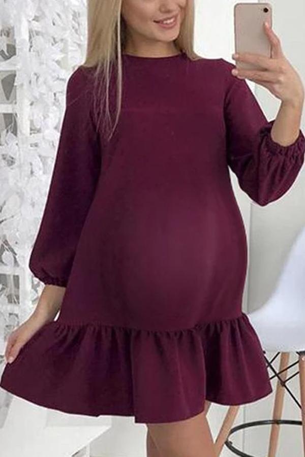 Maternity Elegant Round Neck Stitching Ruffled Dress