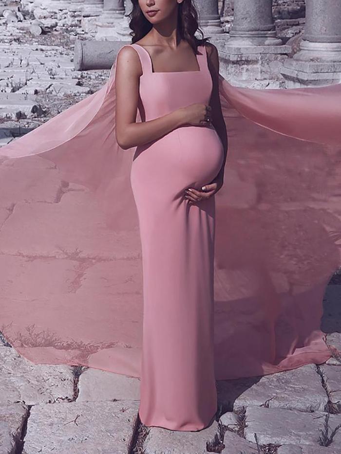Maternity Elegant Pink Stitching Shawl Long Dress