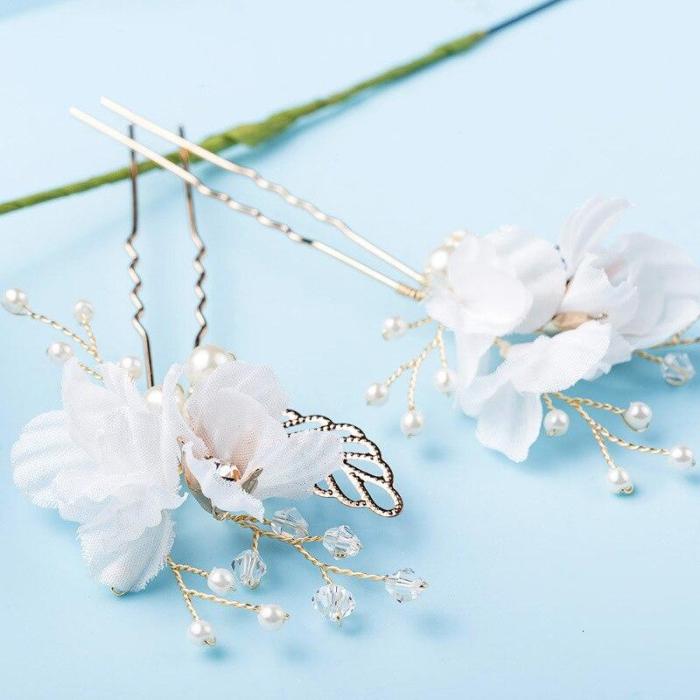 White Flower Hair Pins Gold Leaves Pearl Hair Stick Wedding Bridal Hair Accessories