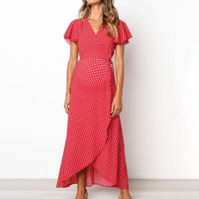 Maternity V-Neck Polka Dots Asymmetrical Long Dress