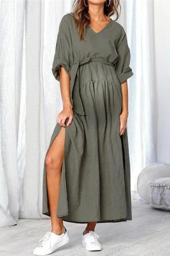 Maternity V-Neck Belt Tie Long Sleeve Side Split Splicing Long Dress
