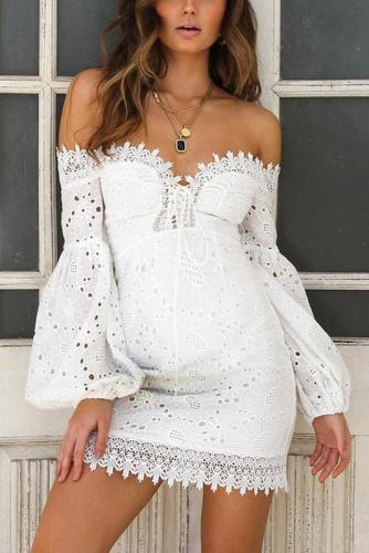 Maternity Off Shoulder Lace Embroidery Above Knee Dress