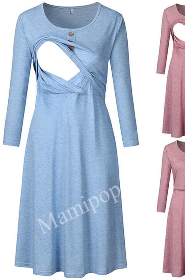 New Round Neck Long Sleeve Maternity Dress Button Dress