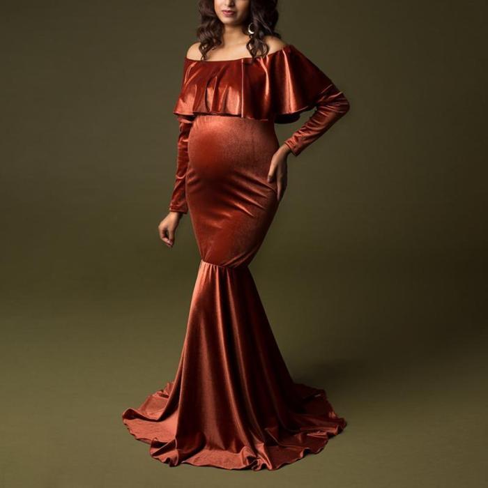 Maternity Elegant Pure Color Off Shoulder Layered Dress