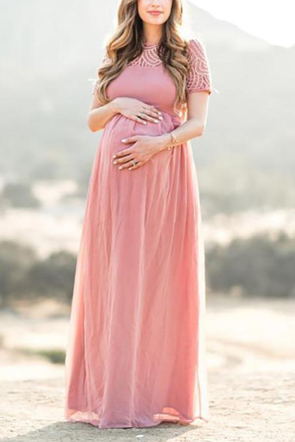 Maternity Pink Short Sleeve Elegant  Dress