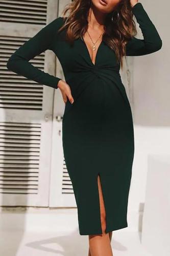 Maternity Fashion V Neck Long Sleeve Pure Colour Dress