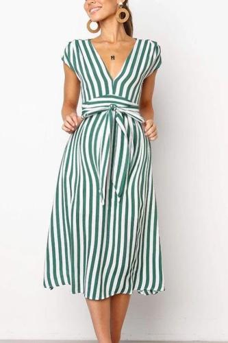 Maternity Deep V-Neck Stripe Casual Long Dress
