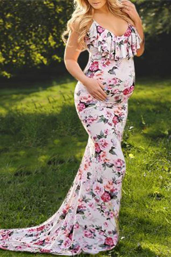 Maternity Floral Print Flounced Floor-Length Photoshoot Gowns  Dress