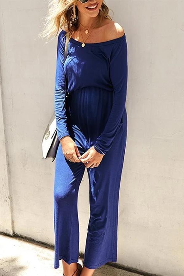 Maternity Casual Off Shoulder Pure Color Long Sleeve Jumpsuit