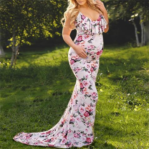 Maternity Floral Print Flounced Floor-Length Photoshoot Gowns  Dress