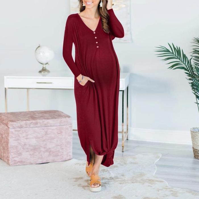 Maternity V-Neck Solid Color Long-Sleeved Dress