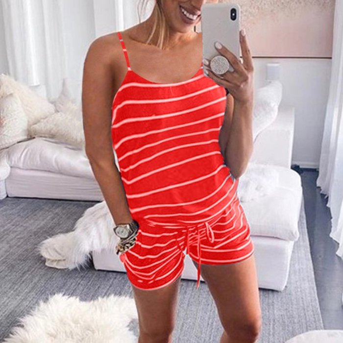 Maternity Open Shoulder Tie Striped Printing Jumpsuits Shorts