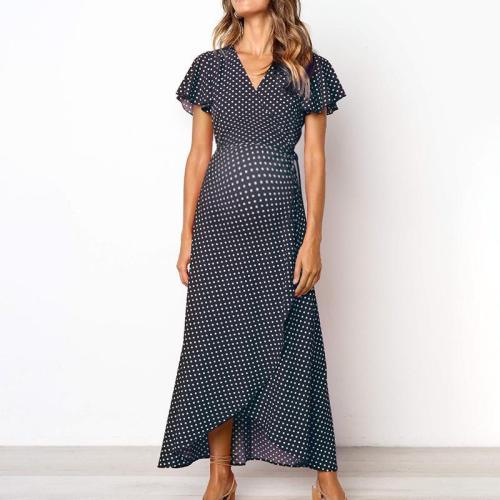Maternity V-Neck Polka Dots Asymmetrical Long Dress