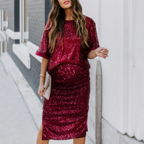 Maternity Fashion Round Neck Solid Color Sequin Short Sleeve Dress