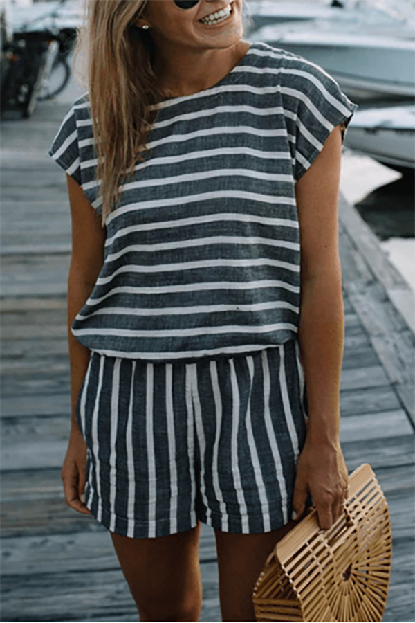 Lace-Up Striped Backless Jumpsuit