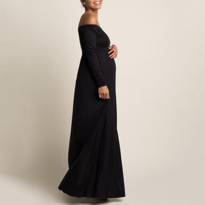 Maternity Elegant Boat Neck Pure Colour   Photoshoot Gowns Dress